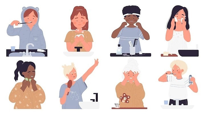 EPS 해외이미지 무료이미지 라이프스타일 여자 남자 어린이 일러스트 소년 여러명 일상 양치 머리빗 세수 빗질 위생관리 치실 어린이만 해외202310 해외일러스트 다수 모션 관리 사람 라이프 생활 위생용품 청결 미용용품 파일형식 벡터