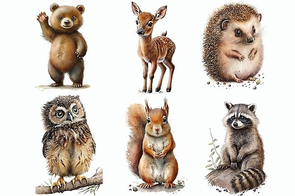 EPS 해외이미지 동물 캐릭터 일러스트 곰 자연 사슴 세트 만화 수집 사파리 여우 부엉이 손그림 고슴도치 삼림지대 벡터 해외202310 해외일러스트 일러캐릭터 포유류 조류 숲 생태계 파일형식