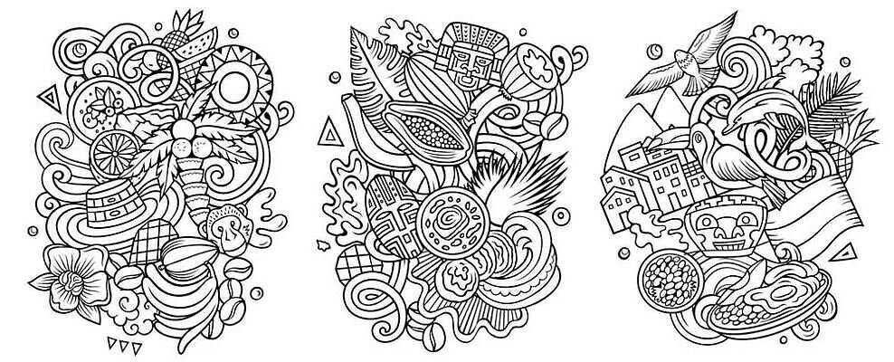 EPS 해외이미지 클립아트 디자인 배너 문화 커피 음식 여행 과일 일러스트 휴가 열대 풍경 야외 세트 탐험 남아메리카 역사 원주민 낙서 콜롬비아 열대우림 라틴아메리카 만화 스케치 수집 라인아트 오브젝트 시력 윤곽 부족 구성 랜드마크 전국 해외202310 해외일러스트 음료 선 컨셉 아메리카 미술 아프리카인 숲 파일형식 벡터