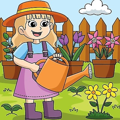 EPS 해외이미지 전신 무료이미지 여자 꽃 화분 어린이 일러스트 한명 들기 정원 봄 물뿌리개 물주기 소녀한명만 해외202310 해외일러스트 식물 1 계절 모션 사람 여자한명만 소녀만 파일형식 벡터