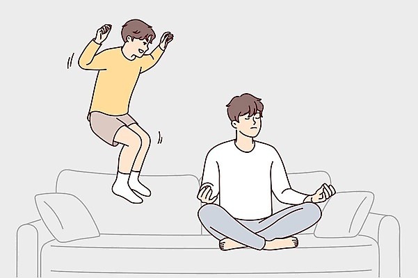 EPS 해외이미지 남자 어린이 일러스트 장난 요가 가족 휴식 실내 소년 성인 두명 소파 눈감음 점프 고요 집중 명상 남동생 남자만 해외202310 해외일러스트 웰빙 컨셉 의자 관계 모션 사람 내부 동생 파일형식 벡터