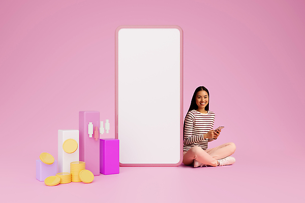 포토 JPG 해외이미지 전신 여자 분홍색 백그라운드 그래프 한명 들기 앉기 성인 스마트폰 스크린 동전 주식 목업 성인여자한명만 카피스페이스 해외포토 1 컬러 돈 모션 사람 금융 핸드폰 스마트기기 공백 여자한명만 성인여자만 파일형식