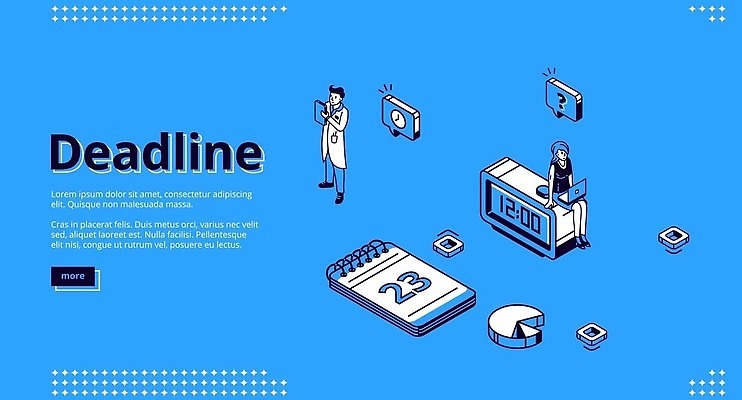 EPS 해외이미지 전신 여자 남자 말풍선 일러스트 서기 앉기 성인 두명 파란색 달력 업무 탁상시계 원그래프 아이소메트릭 디지털시계 스프링수첩 성인만 해외202310 해외일러스트 시계 컬러 모션 그래프 사람 다이어리 작업 파일형식 벡터