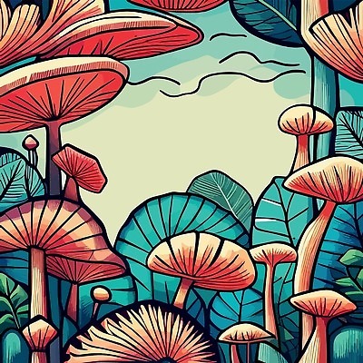 EPS 해외이미지 일러스트 풍경 사람없음 초록색 버섯 풀잎 신비 해외일러스트 컬러 컨셉 잎 풀_식물 파일형식 벡터