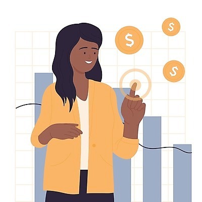 EPS 해외이미지 무료이미지 여자 돈 일러스트 비즈니스 그래프 한명 손짓 성인 금융 손들기 동전 분석 투자 경영 성인여자한명만 해외202310 해외일러스트 1 컨셉 모션 사람 경제 재산 여자한명만 성인여자만 파일형식 벡터 무료콘텐츠