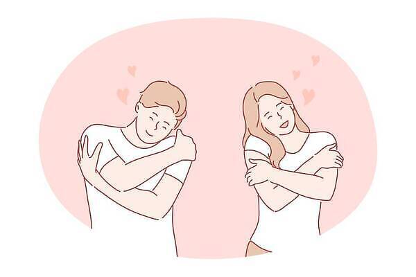 EPS 해외이미지 여자 남자 분홍색 일러스트 안기 포옹 사랑 상반신 성인 두명 하트 성인만 자존감 자기애 해외일러스트 모양 감정 컬러 모션 사람 파일형식 벡터