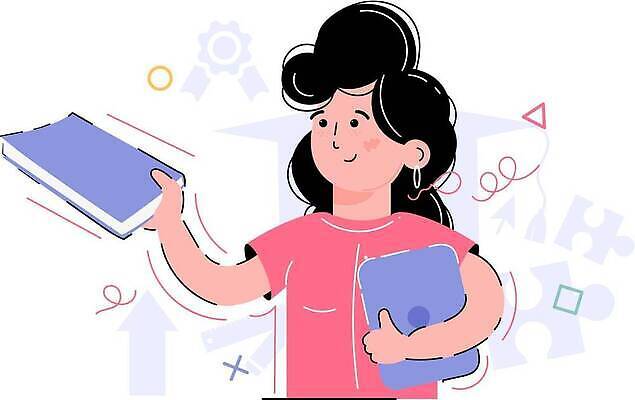 EPS 해외이미지 여자 교육 일러스트 한명 들기 상반신 성인 책 학습 태블릿 스마트 성인여자한명만 해외202310 해외일러스트 1 컨셉 모션 사람 전자제품 스마트기기 여자한명만 성인여자만 파일형식 벡터