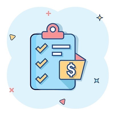 EPS 해외이미지 일러스트 사람없음 파란색 달러 심볼 체크표시 심플 코믹 서류판 해외202310 해외일러스트 컬러 돈 사무용품 확인 파일형식 벡터