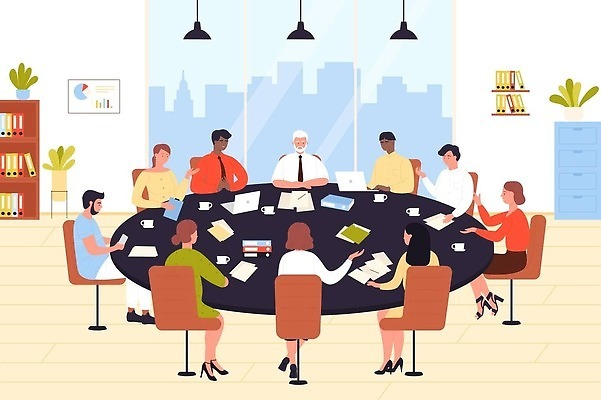 EPS 해외이미지 전신 여자 남자 의자 일러스트 회의 협력 앉기 여러명 상반신 성인 사무실 업무 비즈니스맨 비즈니스우먼 성인만 해외202310 해외일러스트 가구 다수 비즈니스 모션 사람 작업 직장인 파일형식 벡터