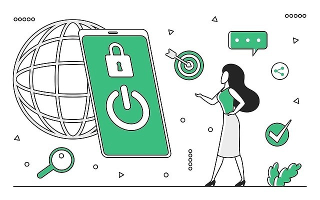 EPS 해외이미지 전신 여자 허리손 일러스트 비즈니스 돋보기 한명 서기 성인 초록색 스마트폰 가리킴 과녁판 체크표시 보안 공유 전원버튼 지구모양 성인여자한명만 해외202310 해외일러스트 모양 1 지구 컬러 포즈 모션 버튼 안전 사람 손짓 핸드폰 스마트기기 전원_전기 확인 여자한명만 성인여자만 파일형식 벡터