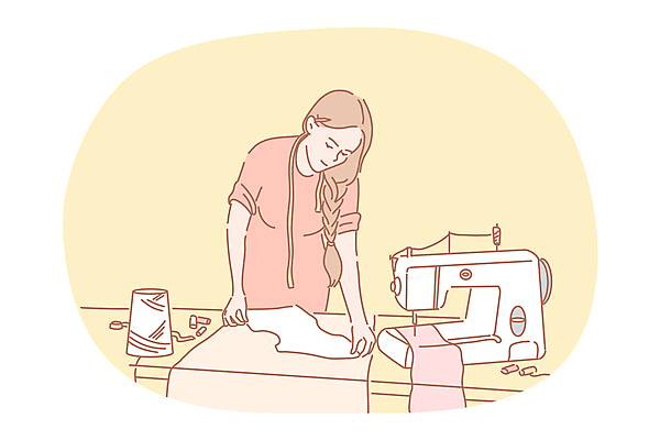 EPS 해외이미지 여자 일러스트 비즈니스 줄자 한명 성인 실 재봉틀 집중 성인여자한명만 해외202310 해외일러스트 1 컨셉 자 사람 여자한명만 성인여자만 파일형식 벡터