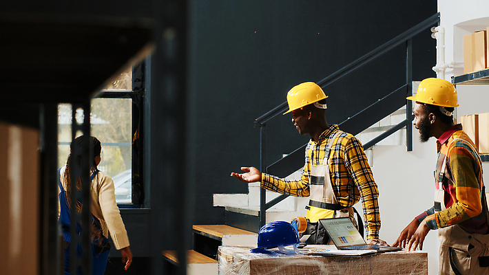 포토 JPG 해외이미지 여자 남자 흑인 노동자 실내 상반신 성인 옆모습 뒷모습 세명 노트북 상자 작업 안전모 물류창고 성인만 해외202310 해외포토 서양인 직업 뷰포인트 사람 내부 전자제품 헬멧 안전장비 창고 파일형식