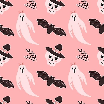 EPS 해외이미지 무료이미지 분홍색 패턴 일러스트 사람없음 할로윈 유령 박쥐 마녀모자 해골모형 해외202310 해외일러스트 일러캐릭터 캐릭터 모자_잡화 컬러 무늬 포유류 모형 파일형식 벡터 무료콘텐츠