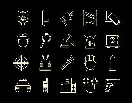 EPS 해외이미지 일러스트 돋보기 사람없음 세트 확성기 총 금색 손전등 경찰 수갑 금고 의사봉 무전기 감시카메라 총알 경찰차 경고등 경찰서 엘리먼트 순찰조끼 해외202310 해외일러스트 직업 무기 컬러 자동차 무선통신 조명 카메라 경찰복 파일형식 벡터