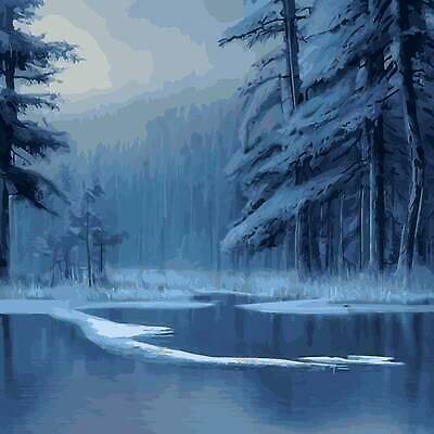 EPS 해외이미지 나무 호수 겨울 일러스트 사람없음 파란색 숲 눈덮임 해외202310 해외일러스트 식물 계절 컬러 컨셉 파일형식 벡터