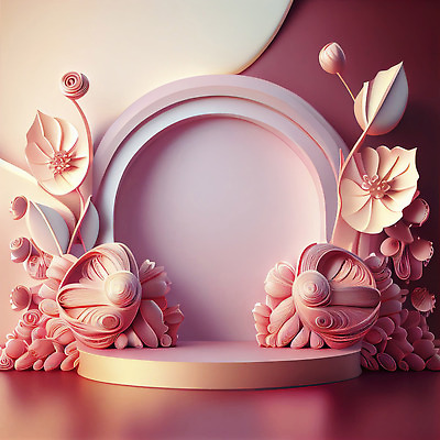 포토 JPG 해외이미지 꽃 분홍색 백그라운드 사람없음 3D 금색 광택 단상 파스텔톤 포디움 해외202310 해외포토 식물 컬러 무대 디지털합성 파일형식