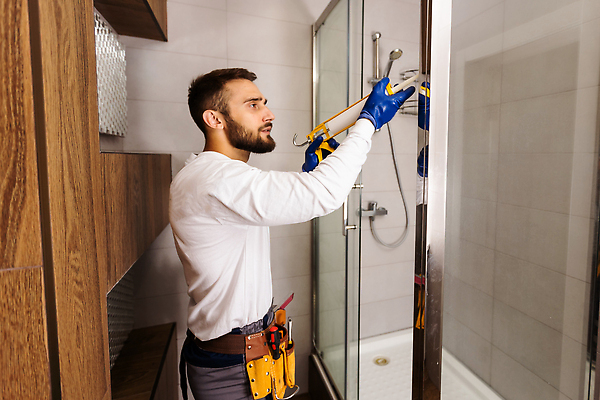 포토 JPG 해외이미지 남자 유니폼 노동자 한명 상반신 성인 옆모습 욕실 업무 수리 청소 유지 샤워실 실리콘건 성인남자한명만 해외202310 해외포토 직업 1 옷 뷰포인트 사람 작업 샤워시설 남자한명만 성인남자만 파일형식