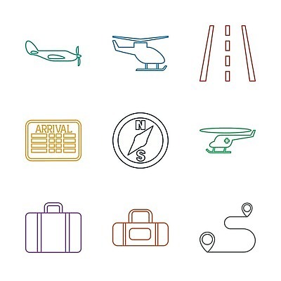 EPS 해외이미지 일러스트 비행기 알림판 사람없음 컬러풀 여행가방 헬리콥터 공항 나침반 심볼 활주로 해외202310 해외일러스트 길 컬러 가방 항공교통 교통시설 대중교통 파일형식 벡터
