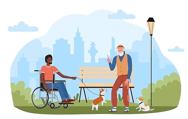 EPS 해외이미지 전신 라이프스타일 노년 남자 반려견 일러스트 함께함 앉기 성인 두명 산책 강아지 휠체어 해외202310 해외일러스트 컨셉 모션 휴식 사람 생활 반려동물 개 파일형식 벡터