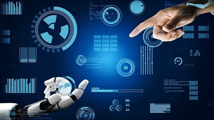 포토 해외이미지 손 비즈니스 그래프 미래 신체부위 파란색 스크린 기계 터치 가리킴 로봇 AI_인공지능 해외202310 해외포토 AI파일 컬러 컨셉 사람 손짓 파일형식 벡터