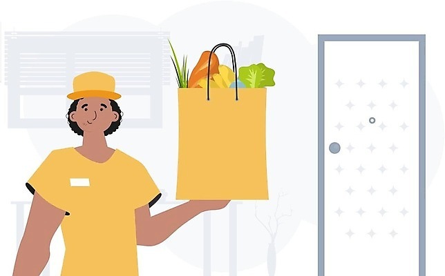 EPS 해외이미지 무료이미지 남자 일러스트 한명 들기 성인 쇼핑 쇼핑백 배달원 현관문 성인남자한명만 배달대행 해외202310 해외일러스트 직업 1 가방 모션 사람 문 배송 남자한명만 성인남자만 파일형식 벡터