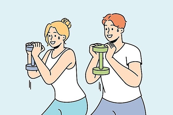 EPS 해외이미지 여자 남자 일러스트 들기 상반신 성인 두명 운동복 아령 웨이트트레이닝 땀 성인만 해외202310 해외일러스트 옷 모션 사람 운동 파일형식 벡터