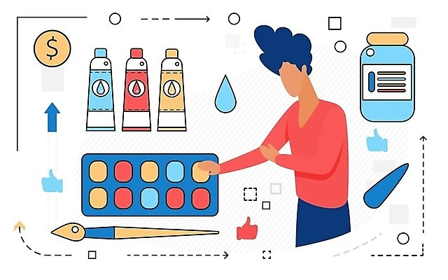 EPS 해외이미지 무료이미지 남자 일러스트 미술 한명 성인 동전 물감 붓 팔레트 병 성인남자한명만 해외202310 해외일러스트 1 식기 돈 문화예술 사람 미술도구 남자한명만 성인남자만 파일형식 벡터 무료콘텐츠