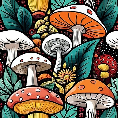 EPS 해외이미지 꽃 일러스트 사람없음 컬러풀 버섯 풀잎 신비 해외일러스트 식물 컬러 컨셉 잎 풀_식물 파일형식 벡터