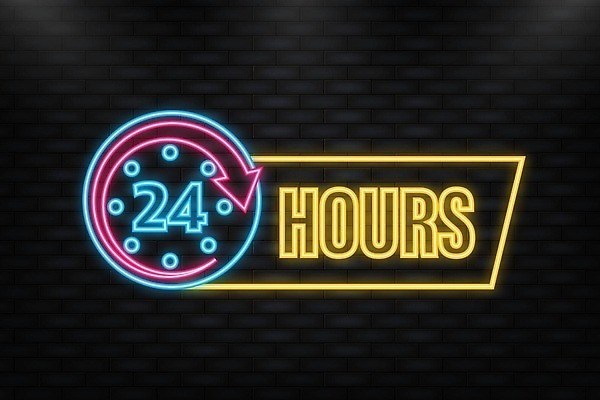 EPS 해외이미지 배너 화살표 시계 일러스트 타이포그라피 사람없음 화려 심볼 네온 24시간 해외202310 해외일러스트 문자 컨셉 시간 파일형식 벡터