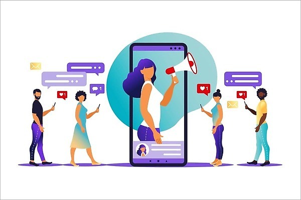 EPS 해외이미지 여자 남자 일러스트 비즈니스 여러명 성인 스마트폰 확성기 알림 온라인 마케팅 성인만 인플루언서 해외202310 해외일러스트 다수 사람 핸드폰 스마트기기 파일형식 벡터 유명인