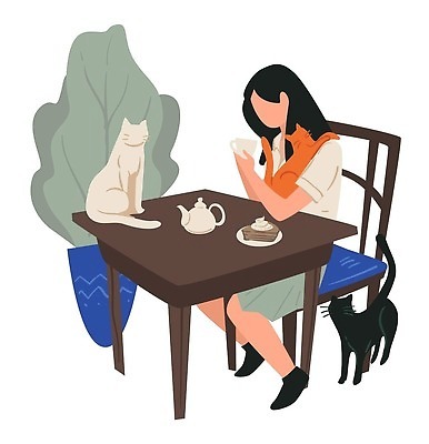 EPS 해외이미지 전신 식물 여자 화분 의자 일러스트 탁자 한명 들기 앉기 성인 케이크 고양이 카페 커피잔 찻주전자 성인여자한명만 해외202310 해외일러스트 1 커피 가구 포유류 모션 주전자 디저트 잔 사람 반려동물 상점 여자한명만 성인여자만 파일형식 벡터