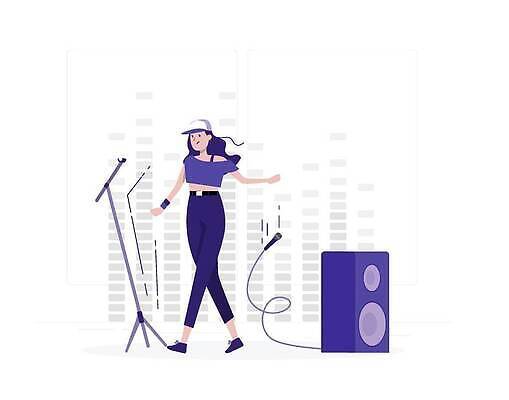 EPS 해외이미지 일러스트 성인 보라색 스피커 가수 스탠드마이크 마이크 해외202310 해외일러스트 컬러 음향기기 사람 음악가 파일형식 벡터