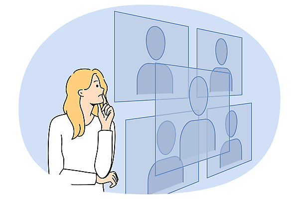 EPS 해외이미지 여자 일러스트 비즈니스 한명 성인 팔짱 턱괴기 고민 프로필 혼란 화상통화 성인여자한명만 해외202310 해외일러스트 1 감정 컨셉 모션 사람 통화 여자한명만 성인여자만 파일형식 벡터