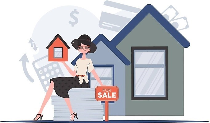 EPS 해외이미지 무료이미지 여자 일러스트 부동산 주택 들기 부동산매매 해외202310 해외일러스트 모션 사람 건물 재산 파일형식 벡터 무료콘텐츠