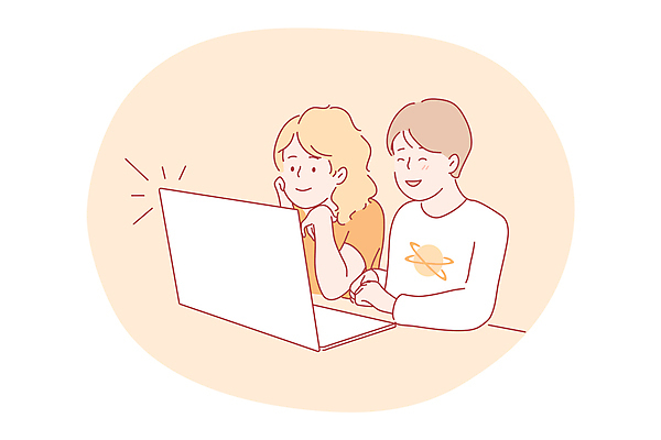 EPS 해외이미지 여자 남자 일러스트 비즈니스 청소년 두명 노트북 턱괴기 온라인강의 십대만 해외202310 해외일러스트 모션 사람 전자제품 강의 파일형식 벡터 언택트