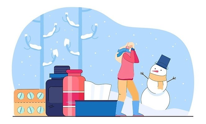 EPS 해외이미지 무료이미지 겨울 일러스트 눈사람 건강 알약 고통 추위 환자 잡기 약병 질병 감기 손수건 돌봄 티슈꽂이 해외202310 해외일러스트 계절 감정 의학 모션 약 꽂이 병_담는 파일형식 벡터 무료콘텐츠