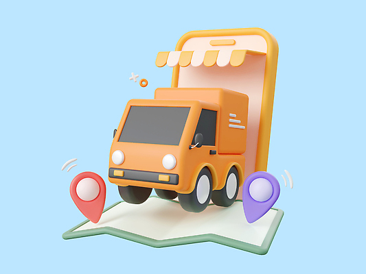 포토 JPG 해외이미지 지도 휴식 사람없음 스마트폰 쇼핑 노란색 3D 트럭 배송 택배 위치 모바일쇼핑 탑차 해외202310 해외포토 컬러 컨셉 자동차 핸드폰 스마트기기 운송업 디지털합성 온라인쇼핑 파일형식
