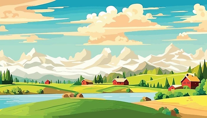 EPS 해외이미지 나무 백그라운드 일러스트 하늘 산 주택 사람없음 물 강 마을 분위기 해외202310 해외일러스트 자연요소 식물 컨셉 건물 파일형식 벡터