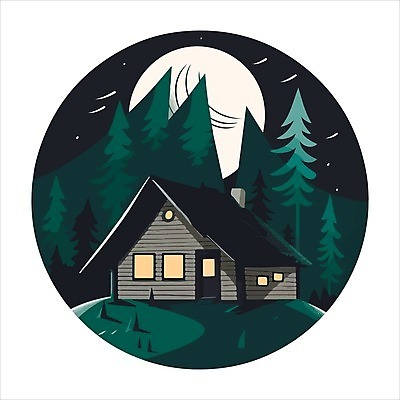 EPS 해외이미지 나무 일러스트 밤하늘 사람없음 초록색 달 원형 숲속 오두막 심볼 해외202310 해외일러스트 자연요소 도형 식물 컬러 하늘 야간 숲 파일형식 벡터