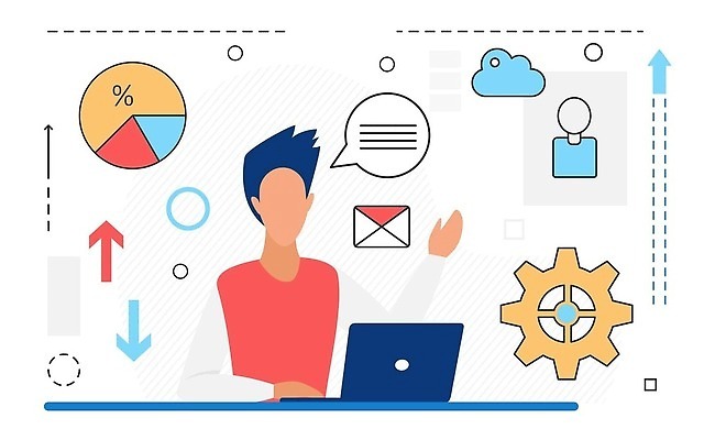 EPS 해외이미지 남자 화살표 말풍선 일러스트 비즈니스 한명 상반신 성인 노트북 이메일 톱니바퀴 원그래프 성인남자한명만 해외202310 해외일러스트 1 그래프 사람 전자제품 남자한명만 성인남자만 파일형식 벡터