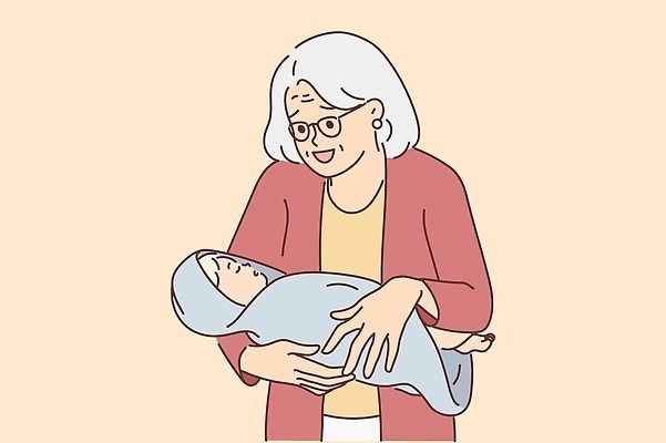 EPS 해외이미지 여자 노년 행복 안경 할머니 일러스트 안기 상반신 두명 귀걸이 아기 잠 해외202310 해외일러스트 잡화 감정 장신구 모션 사람 성인 파일형식 벡터