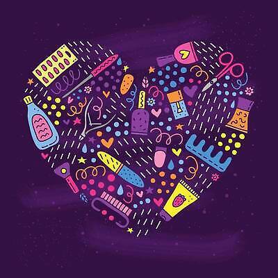 EPS 해외이미지 일러스트 사람없음 물방울 하트 머리빗 낙서 손톱관리 매니큐어 네일용품 미용가위 페디큐어 네일화일 아기자기 해외202310 해외일러스트 모양 컨셉 가위_도구 뷰티 화장품 미용용품 네일아트 파일형식 벡터