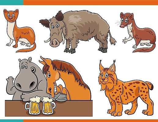 EPS 해외이미지 일러스트 사람없음 세트 말_동물 하마 멧돼지 족제비 해외202310 해외일러스트 포유류 파일형식 벡터