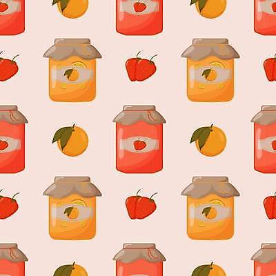 EPS 해외이미지 패턴 오렌지 일러스트 딸기 사람없음 달콤 병 딸기잼 해외202310 해외일러스트 식기 무늬 과일 맛 잼 파일형식 벡터