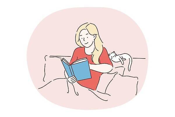 EPS 해외이미지 여자 일러스트 베개 한명 들기 성인 책 독서 고양이 이불 침대 읽기 성인여자한명만 해외202310 해외일러스트 1 가구 포유류 침구 모션 사람 반려동물 여자한명만 성인여자만 파일형식 벡터