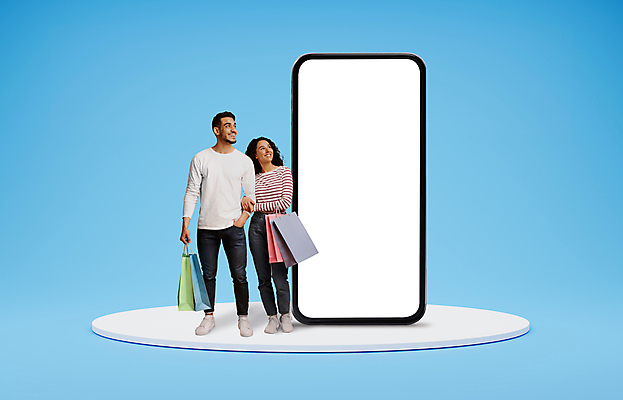 포토 JPG 해외이미지 전신 여자 남자 백그라운드 서기 들기 성인 두명 파란색 스마트폰 쇼핑 쇼핑백 팔짱 스크린 주머니손 목업 성인만 카피스페이스 해외포토 컬러 가방 모션 사람 핸드폰 스마트기기 공백 파일형식