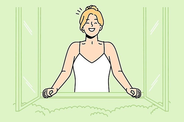 EPS 해외이미지 라이프스타일 여자 행복 일러스트 아침 한명 웃음 상반신 성인 창가 긍정 긍정적 성인여자한명만 해외202310 해외일러스트 주간 1 감정 컨셉 창문 표정 사람 생활 여자한명만 성인여자만 파일형식 벡터