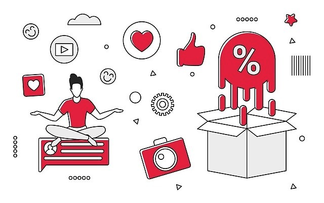 EPS 해외이미지 무료이미지 남자 일러스트 한명 성인 빨간색 쇼핑 세일 카메라 퍼센트 리뷰 마케팅 해외202310 해외일러스트 1 컬러 사람 전자제품 특수기호 파일형식 벡터 무료콘텐츠