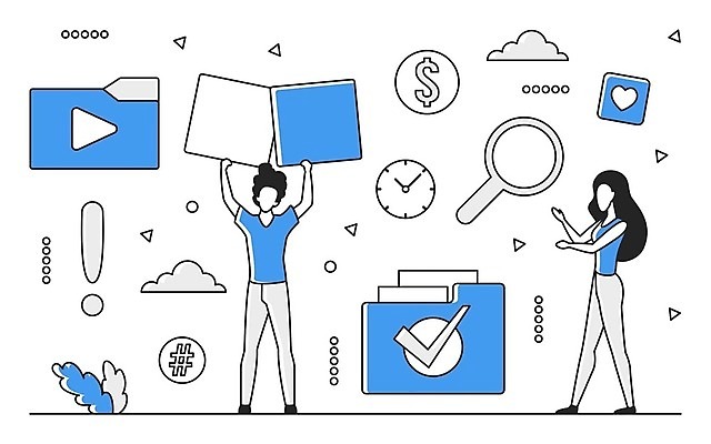 EPS 해외이미지 전신 여자 남자 일러스트 비즈니스 돋보기 성인 두명 파란색 디지털 정보 업무 스마트 분석 파일 온라인 경영 데이터베이스 인터페이스 해외202310 해외일러스트 컬러 컨셉 사람 작업 파일형식 벡터