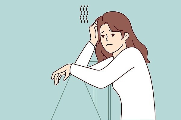 EPS 해외이미지 여자 생각 일러스트 난간 스트레스 피곤 앉기 기댐 문제 우울감 손짚기 해외202310 해외일러스트 감정 컨셉 모션 사람 손짓 파일형식 벡터